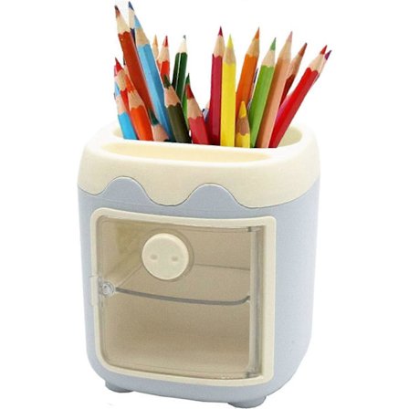 Pennställ Pennskrin med Låda för Barn, Kosmetisk Sminkborsthållare för Sminkbord, Söt Pennställ med Grisnos (Blå)