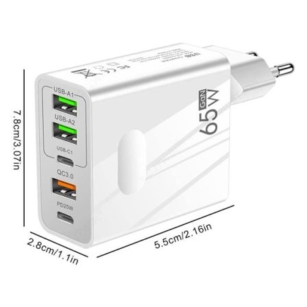 65W Hurtigoplader Multistik med 2 USB C + 2 USB + 1 QC 3.0 5-ports oplader til Xiaomi 13 Pro 5G 6.73" Hvid - YuanYuan