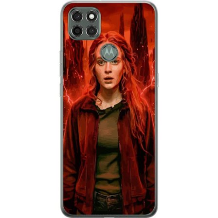 Kompatibelt Mobilskal till Motorola Moto G9 Power Porträtt av en ung kvinna med rött hår i en apokalyptisk landskap, röda blixtar och mörka klipp