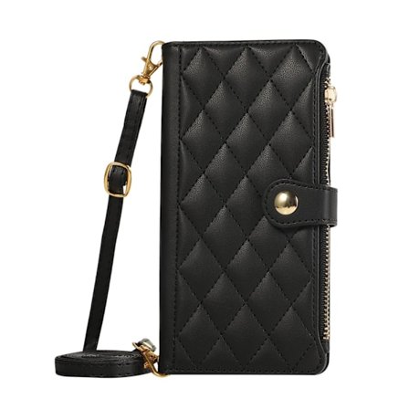 Etui til iPhone 15Promax Svart (langt + kort tau) ins Lommebok med Kortholder glidelåspose crossbody snor Lommebok med Kortholder