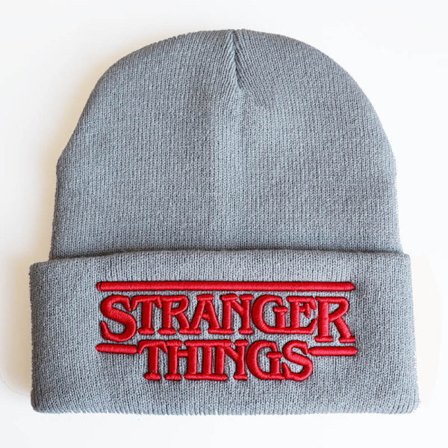 Stranger Things: Alfabet Brodert Strikket Lue, Strikket Lue, Strikket Beanie, Hettelue Grå tredimensjonal justerbar