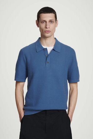 COS Men's Textured Knitted Cotton Polo Shirt in Blue