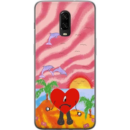 Kompatibelt Mobildeksel til OnePlus 6T Bad Bunny i en fargerik quiltet jakke med hjertemønster og solbriller i moderne gatestil