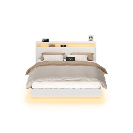 Rootz Bed Frame - Platform Bed - LED -valaistus - Latausasema - tukee 455 kg - 213 cm x 167cm x 90cm - pilvivalkoinen
