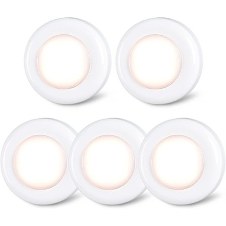 Tap Light Push Lys, Klæb på LED Touch Puck Lys AAA Batteridrevet, Tryk Spotlys Indendørs (2.8inch, Varmt Hvidt, 5 Pak)