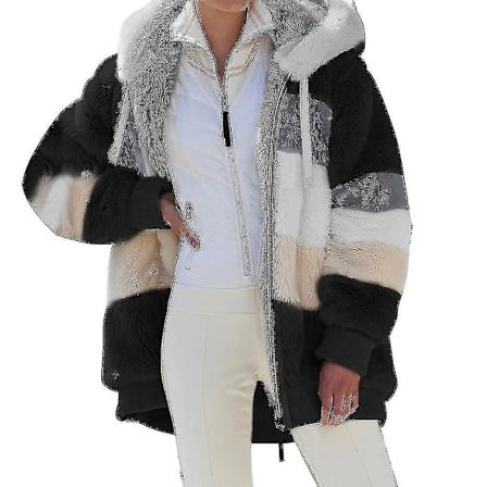 Dame Colourblock Langærmet Hætte Teddy Bear Fleece Jakke Vinter Varm Frakke