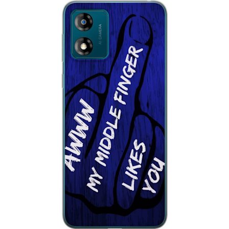 Kompatibelt Mobildeksel til Motorola Moto E13 Mørk typografisk illustrasjon med hjerteform og budskap om vennskap mot dyp blå tretekstur