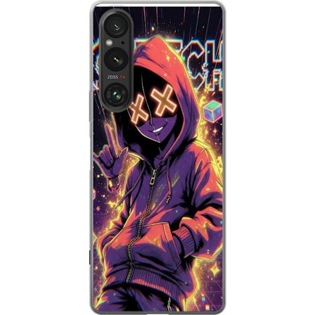 Kompatibelt Mobilskal till Sony Sony Xperia 1 VI Cyberpunk-inspirerad hoodie-karaktär med neon, glitch-effekter och mask, futuristisk digital konst f