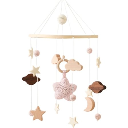 Træ baby uro med filtbolde og sky ornament til børneværelset, hængende (pink){HH}