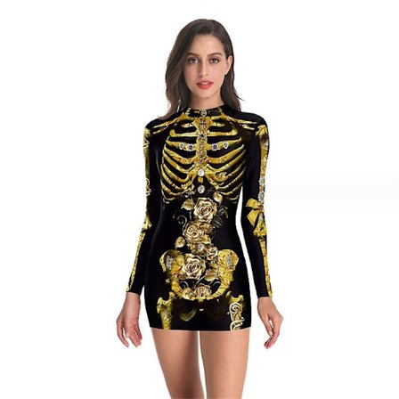 Naisten halloween-asu Skeleton-mekko, pitkähihainen, joustava, lyhyt minimekko