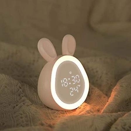 Vekkerklokker for soverom med slumre og nattlys, digital vekkerklokke med termometer, justerbar volum og lysstyrke, rosa, kaninformet