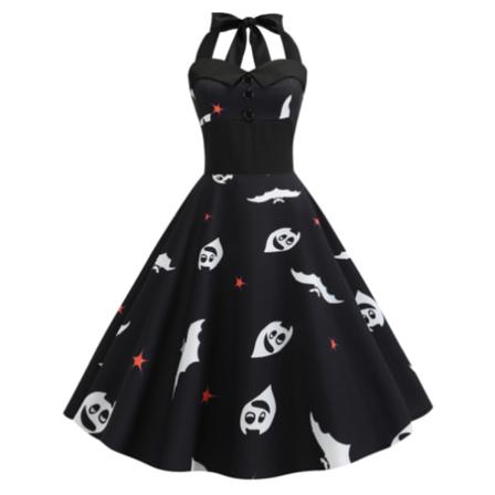 Halloween Halter Klänning För Kvinnor Pumpa Lång Klänning Black White L
