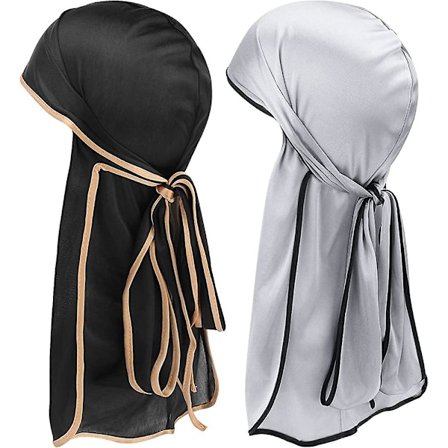 Lang Durag med Haler, Kereda 2 stk Acsergery Silke Durag 360 Bølger Unisex Durag Hat Hovedbind Gave