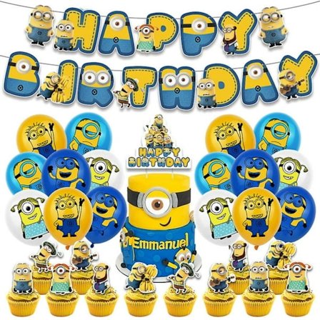 Cartoon Minions -syntymäpäiväjuhlatarvikkeet - 30 kpl syntymäpäiväjuhlapalvelus Happy Birthday -bannerilla, kakun koristeella, cupcake-koristeella, 