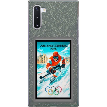 Yhteensopiva Puhelinkuori Samsung Galaxy Note10 Curlingkuvitus pelaajilla ja kivillä jäällä, Milano Cortina 2026, lumisia roiskeita ja olympiasormukse