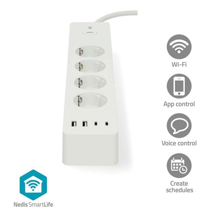 SmartLife Stikdåse | Wi-Fi | Hybrid (CEE 7/7) / USB A / USB-C | 16 A | 3680 W | 2.00 m | 0 - 55 °C | Android / IOS | Hvid