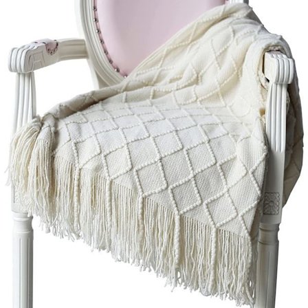 Myk strikket ullteppe med dusker, koseteppe, sofateppe, sovepledd, rosa 150 x 200 cm