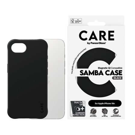 CARE by Panzer Fashionable Case Samba Black w. Qi Compatible iPhone 16e PanzerGlass - High quality tempered glass screen protector