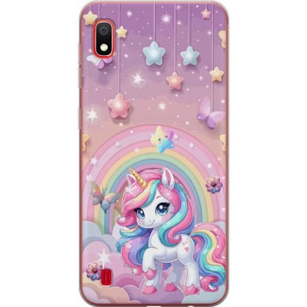 Kompatibel Mobilcover til Samsung Galaxy A10 Magisk enhjørning med regnbue manke, stjerner og sommerfugle mod en pastelfarvet himmel med skyer