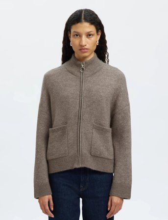 Selected Slfsia Ras Ls Knit Zipper Cardigan Noos - Beige - XXL