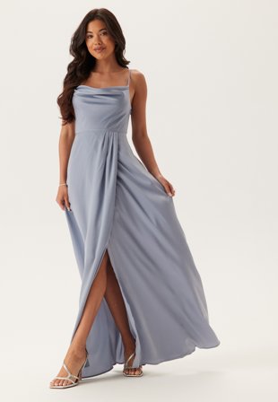 Bubbleroom Occasion - Waterfall Slit Satin Gown - Light blue - Kläder