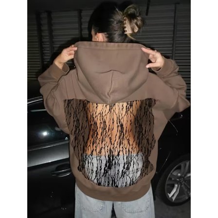 Dame Crystal Mesh Back Hettegenser Oversized Sweatshirts Casual Langermet Pullover Genser Vinter Høstantrekk Gave Hvit XXL Lace brown
