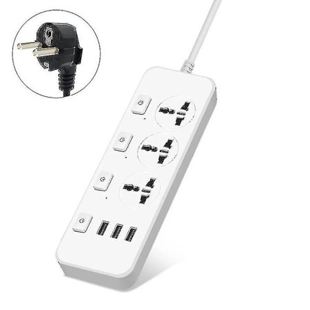 Us/uk/eu Strømskinne 5v2.1a Overspændingsbeskytter Med 3 Stikkontakter & 3 Usb-porte