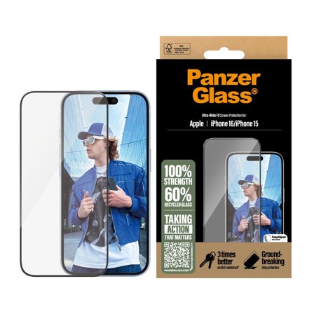 Panzer iPhone 16 | 15 Ultra-Wide Fit Screen Protector PanzerGlass - High quality tempered glass screen protector