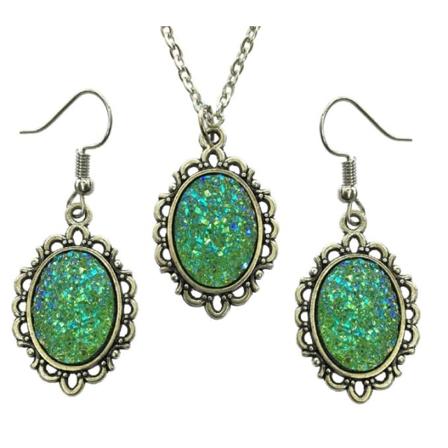 Sæt - Halskæde - Øreringe - Glitter - Druzy - Grøn Green