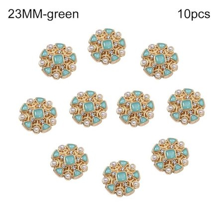 10 klesknapper med perler, skjorteknapper, grønn, 23 mm, 10 perler, 10 grønne perler