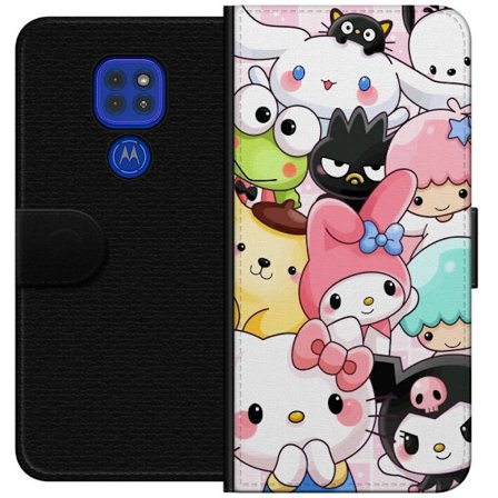 Kompatibelt Lommeboketui til Motorola Moto G9 Play Tett mønster av søte figurer med store øyne i ulike farger og uttrykk med LABUBU-tekst
