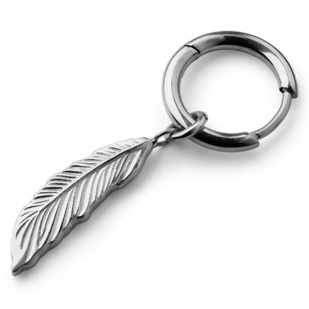 Pendiente de aro con colgante de pluma de titanio plateado para hombres - Pendientes de aro con colgante