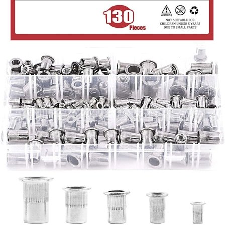 130 Stk Nittemøtrik Fladhoved Rivenmøtrik Indsatsmøtrik