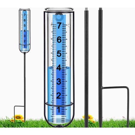 Ulkoilmasademittari lasilla ja kellukkeella, irrotettava sademittari piikillä puutarhaan, pihalle, terassille, kannelle, nurmikolle (sininen 