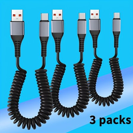 [Nopea USB-C-latauskaapeli] 6A Erittäin nopea USB-tyypin C datakaapeli Jousi Sisäänvedettävä Mobiilinavigointi 120W Auton datakaapeli C-C (FMY) 3 kpl