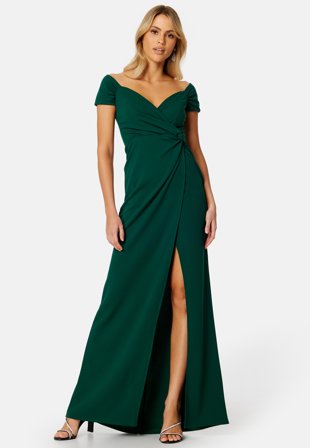 Goddiva Bardot Knot Front Maxi Dress Emerald Klær