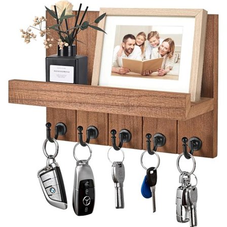 Vægmonteret nøgleholder, vægmonteret nøgleholder i træ med 5 nøglekroge, til stue, badeværelse, køkken, gang og entré