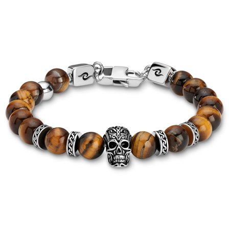 Rico | Bracelet en œil de tigre avec tête de mort en acier inoxydable argenté pour hommes - Bracelets en acier - pour Hommes - Arkai