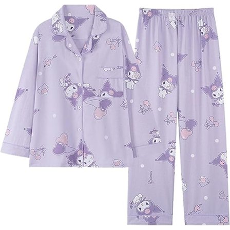 Dam Pyjamas Söta Cartoon Flickor Långärmad Skjorta med Pyjamas Hemkläder Tvådelad Pyjamasuppsättning