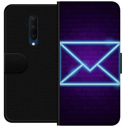 Yhteensopiva Lompakkokotelo OnePlus OnePlus 7T Pro Neonilta illuustraatio kirjekuoresta sinisessä valossa lila tiiliseinää vasten, nykyaikainen sym
