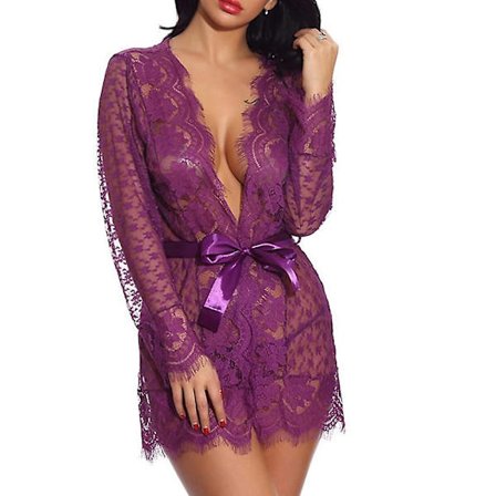 Sexet lingeri til damer & Negligee kjole ren farve elskere varm komfort hjem dag seng bomuld åndbar Plungi-happygo.2XL.Lilla