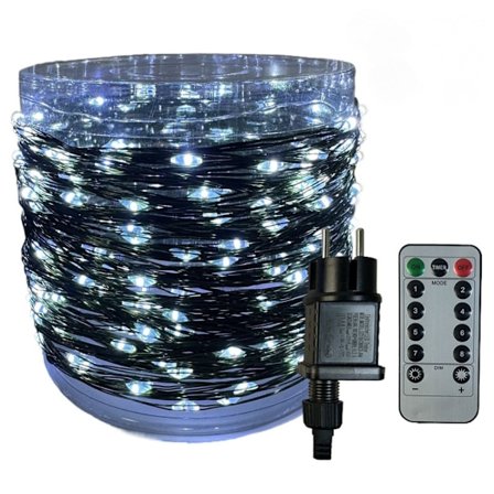 LED-lysstreng til juletre, 30 m 300 LED-lys kald hvit, plug-in med fjernkontroll, grønn ledning, vanntett juledekorasjon utendørs