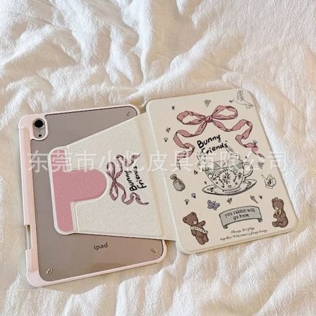 Fodral för iPad 5/6 9.7" Roterande Bok Mugg Kanin Rosa Skal Svart Rosett Roterbart Ställ