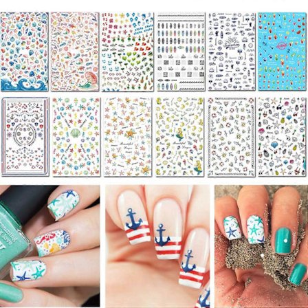 Sommer Negle Dekaler Klistremerker, 1500+ stk Selvklebende Tips DIY Neglekunst Design Stencil (12 Store Ark)