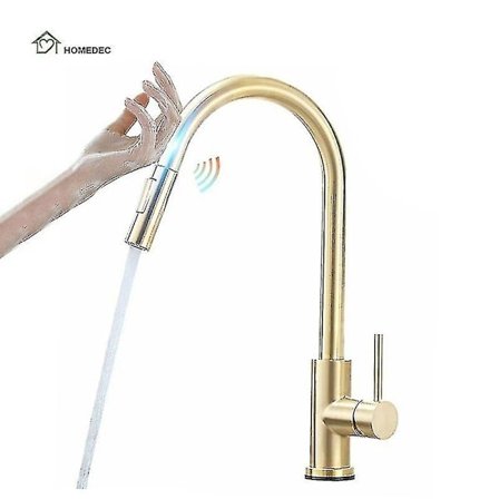 Moderne 304 rustfritt stål varmt og kaldt blandingsbatteri med uttrekkbar slange, svart børstet gull, smart berøringsfølsom kjøkkenkran -hy-WELLNGS
