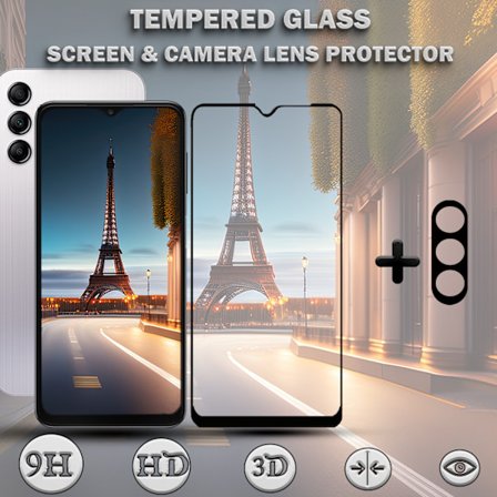 1-Pack SAMSUNG A15 Näytönsuoja & 1-Pack linssinsuoja - Karkaistu Lasi 9H - Super laatu 3D