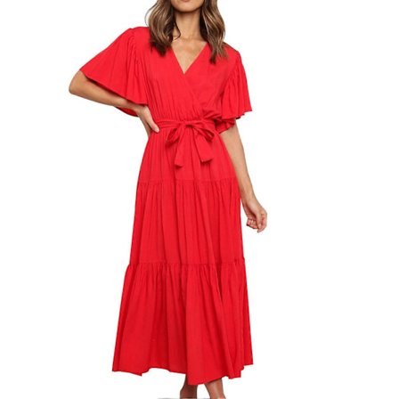 Maxikjole til kvinder, sommer, kortærmet, afslappet, vintage, krydsende dyb V-hals, bindetalje, formel kjole