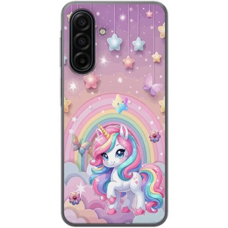 Kompatibel Mobilcover til Samsung Galaxy A17 5G Magisk enhjørning med regnbue manke, stjerner og sommerfugle mod en pastelfarvet himmel med skyer