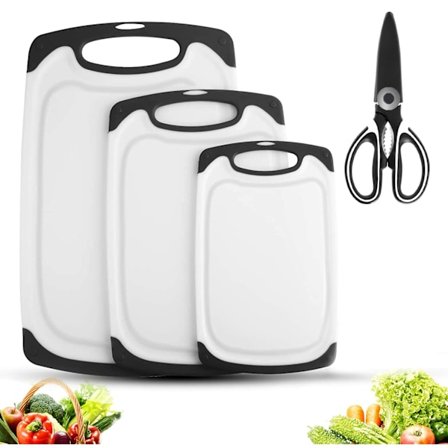 Plastik Skærebrætter, BPA-fri Plastik Køkken Skærebrætter med Saftrille, Antimikrobiel Varmebestandig og Ikke-giftig (Sæt med 3) (Sort)