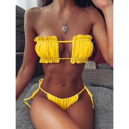 Seksikäs Bikini Laskostettu Bandeau Uimapuku Naisten Uimapuvut Naisten Mini stringit Bikinisetti Uima Rantavaatteet Keltainen